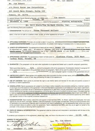 Item #019394 Appearance Agreement [Contract] signed by Jim Abbott (born 1967). Jim Abbott