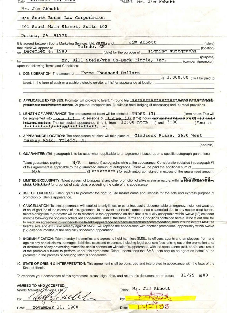 Item #019394 Appearance Agreement [Contract] signed by Jim Abbott (born 1967). Jim Abbott.