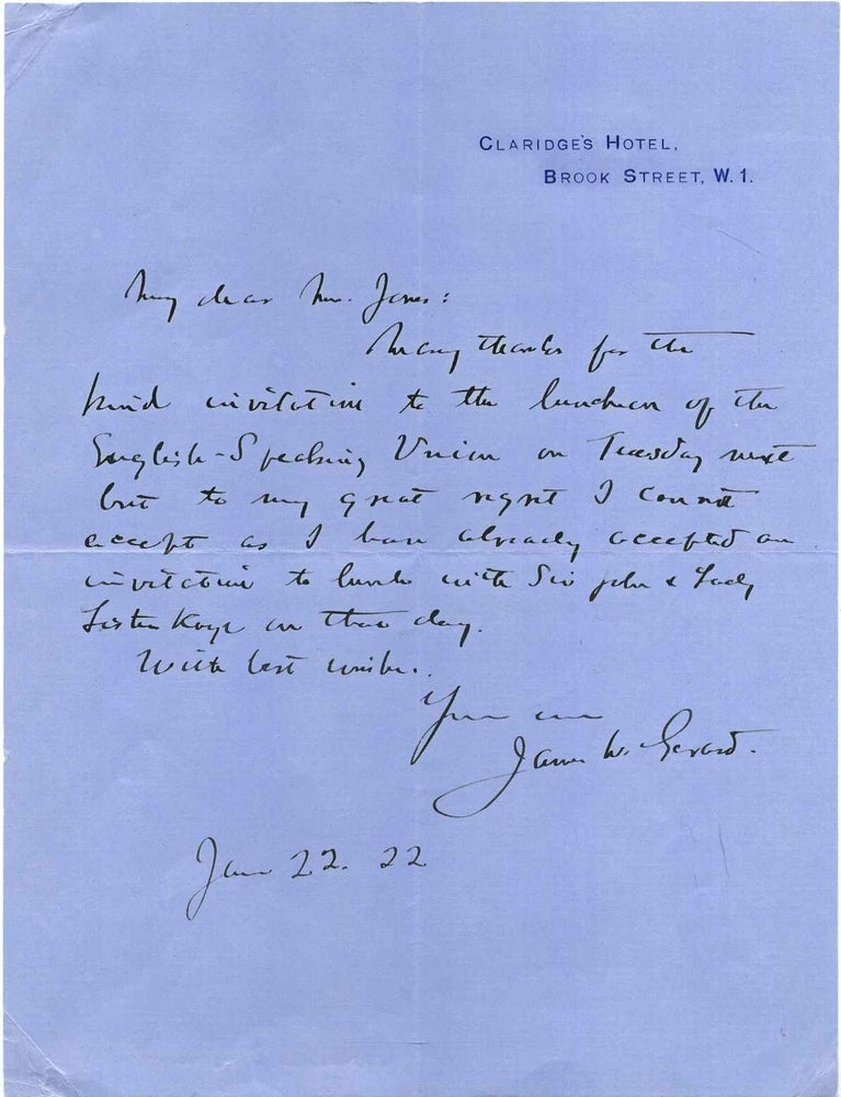 Item #019544 Letter Handwritten and signed by James W. Gerard (1867-1951). James W. Gerard.