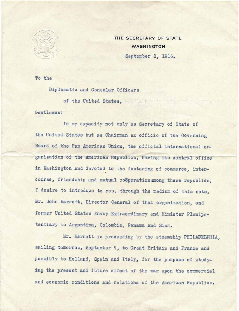 Item #019553 Typed letter signed by Robert Lansing (1864-1928). Robert Lansing.