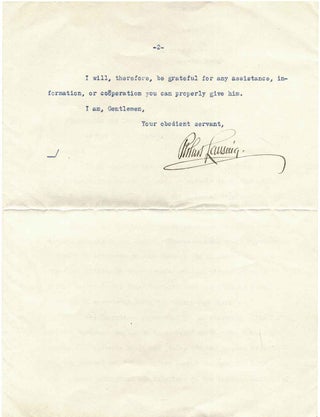 Typed letter signed by Robert Lansing (1864-1928).