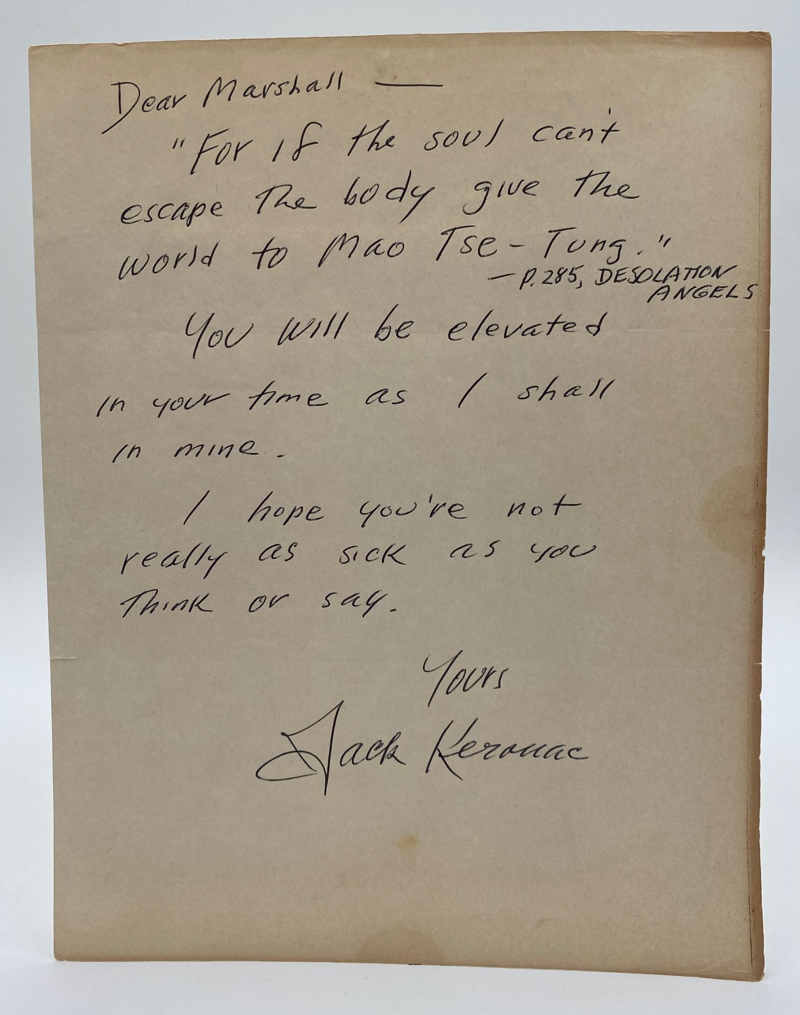 Letter handwritten and signed by Jack Kerouac, containing a quote from ...