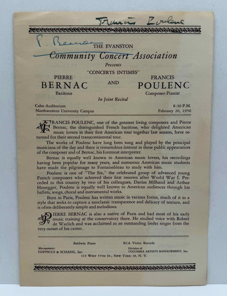 Item #020620 Concert program signed by Francis Poulenc and Pierre Bernac. Francis Poulenc, Pierre Bernac.