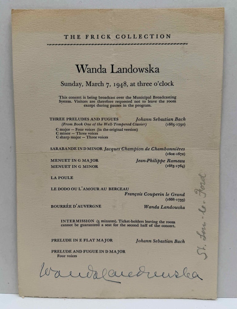 Item #020622 Program signed by Wanda Landowska. Wanda Landowska.