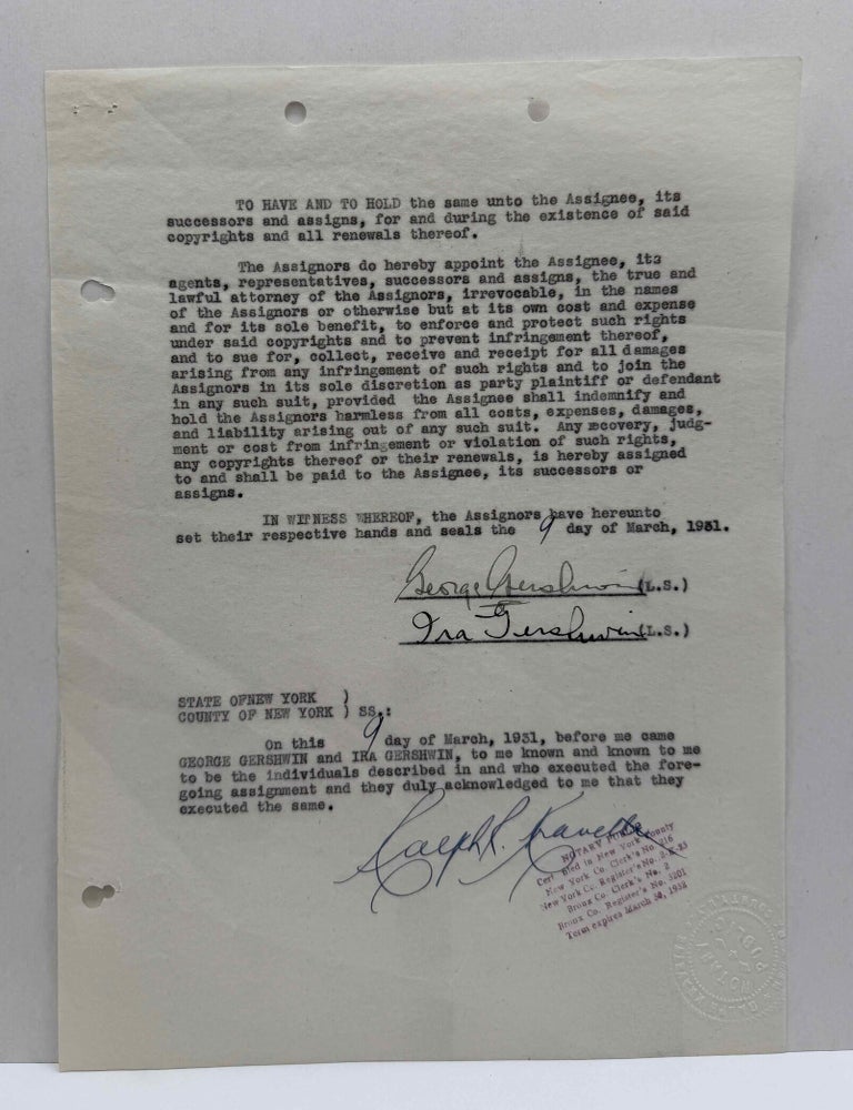 Item #020634 Contract SIGNED BY GEORGE and IRA GERSHWIN selling the rights to seven songs which formed the basis for the musical score to the 1930 Broadway musical "GIRL CRAZY.". George Gershwin, Ira Gershwin.
