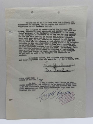 Contract SIGNED BY GEORGE and IRA GERSHWIN selling the rights to seven songs which formed the...