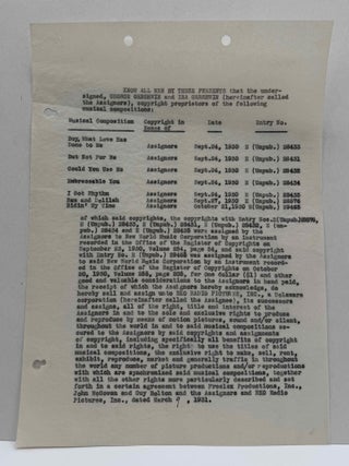 Contract SIGNED BY GEORGE and IRA GERSHWIN selling the rights to seven songs which formed the basis for the musical score to the 1930 Broadway musical "GIRL CRAZY."