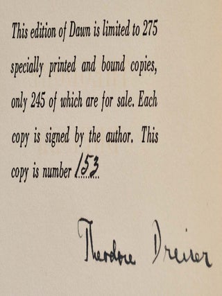 DAWN. A History of Myself. Limited edition signed by Theodore Dreiser.