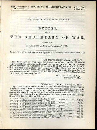 Item #3169ba Montana Indian war claims. Letter from the Secretary of War, relative to the Montana...