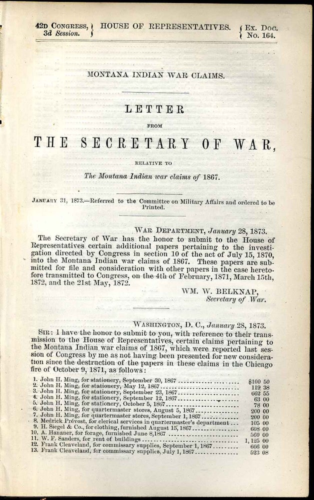 Item #3169ba Montana Indian war claims. Letter from the Secretary of War, relative to the Montana Indian war claims of 1867. U. S. Congress. House of Representatives.