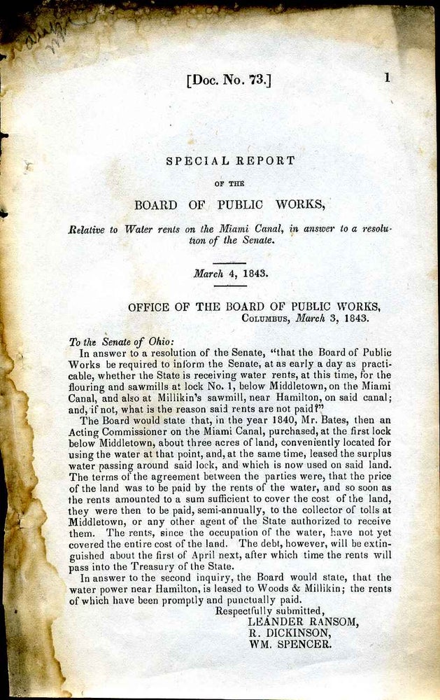 Item #4093ba Special report of the Board of Public Works, relative to water rents on the Miami canal, in answer to a resolution of the Senate. March 4, 1843. Ohio. Board of Public Works.