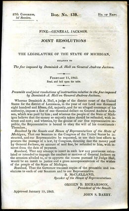 Item #4531ba Fine -- General Jackson. Joint Resolutions of The Legislature of the State of...