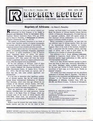 Item #7235ba REPRINT REVIEW. A guide to reprints, publishers and related information. Harry ed...