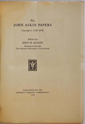 Item #7257baI THE JOHN ASKIN PAPERS. Edited by Milo M. Quaife. Two volume set. John Askin