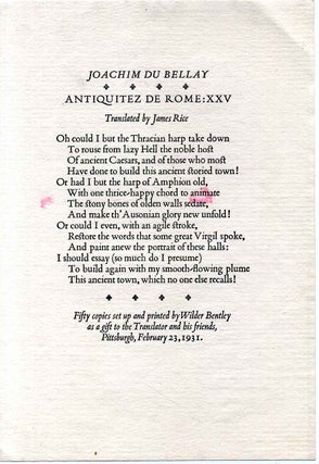 Item #7393ba Antiquitez de Rome: XXV. Translated by James Rice. Joachim duBellay Bellay, Joachim...