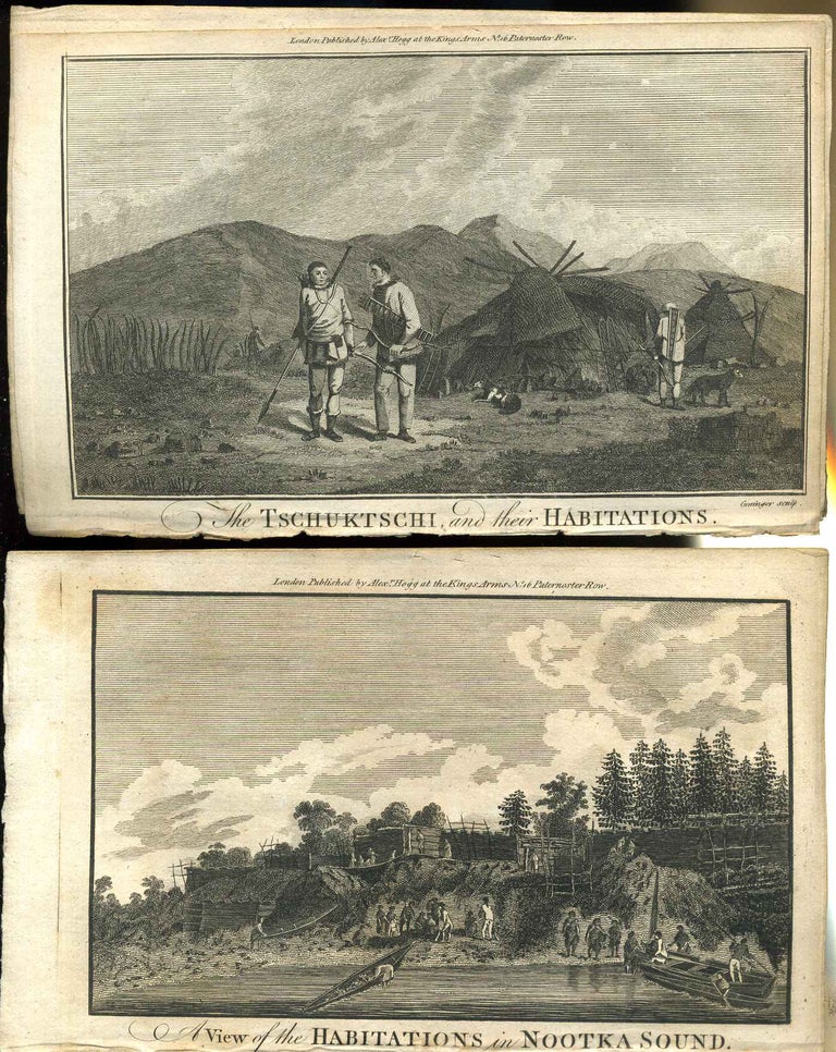 Item #7580ba Five engravings: A View of the Habitations in Nootka Sound; The Inside of a house in Nootka Sound; A man of Nootka Sound, A woman of Nootka Sound; The Tschuktschi and their Habitations; Inhabitants of Norton Sound, and their Habitations. Alexander Hogg.
