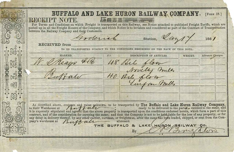 Item #8107ba Receipt note. Buffalo, Lake Huron Railway Company.