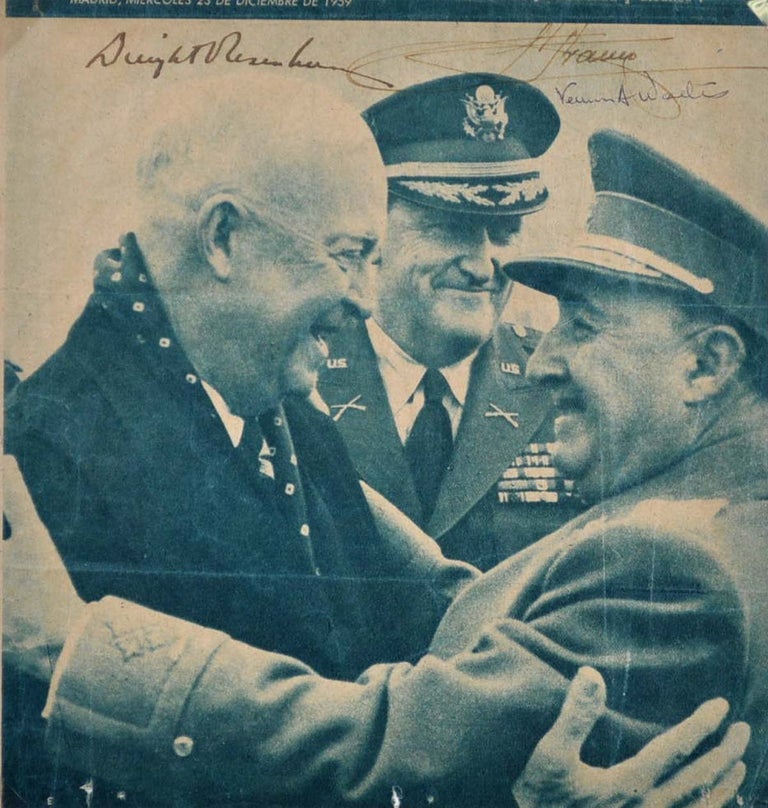 Item #a3083bas Newspaper Photograph Signed by Dwight D. Eisenhower, Franco and Vernon Walters. Dwight D. Eisenhower, Francisco Franco Bahamonde.
