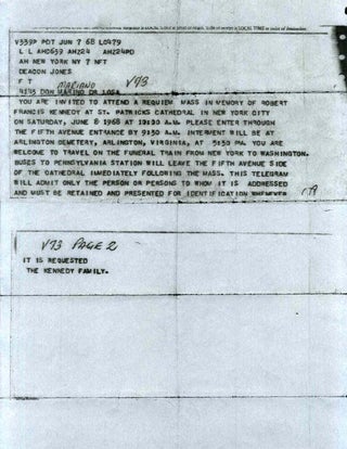 Item #a3694ba Funeral Announcement Telegram and Funeral Program. Robert Kennedy