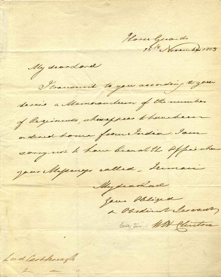 Item #a3703ba Autograph letter handwritten and signed by Sir William Henry Clinton (1769-1846). Sir William Henry Clinton.