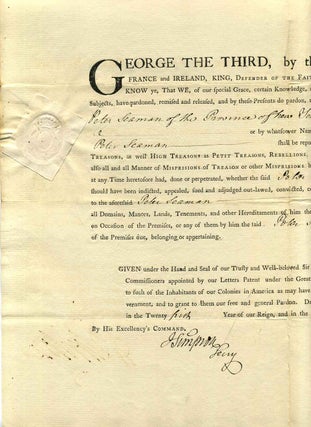 Item #a3705ba ROYAL PARDON. Partly Printed Document Signed by Sir Henry Clinton (1738-1795). Sir...