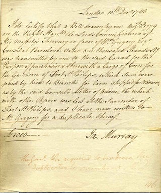 Item #a3708ba Receipt handwritten and signed by Gen. James Murray (1719-1794). Gen. James Murray