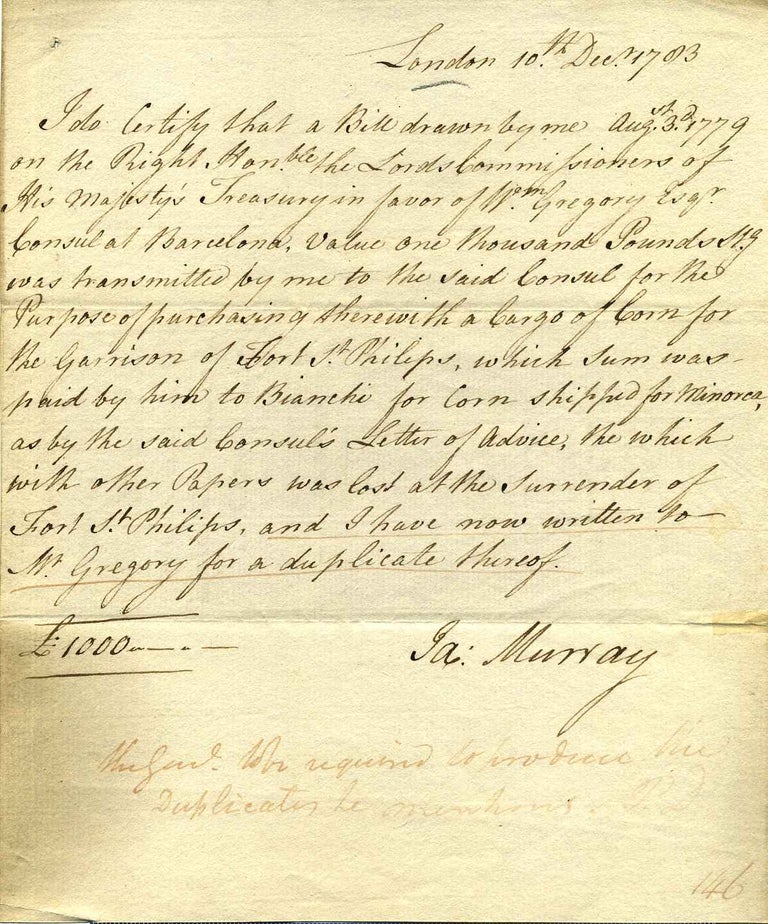 Item #a3708ba Receipt handwritten and signed by Gen. James Murray (1719-1794). Gen. James Murray.