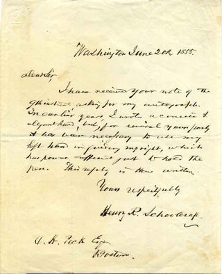Item #a3760baY3 Letter handwritten and signed by Henry Rowe Schoolcraft. Henry Rowe Schoolcraft